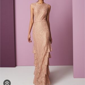 Size 12 rosegold pink/peach shimmer lace sleeveless gown w/ tiered skirt NWOT